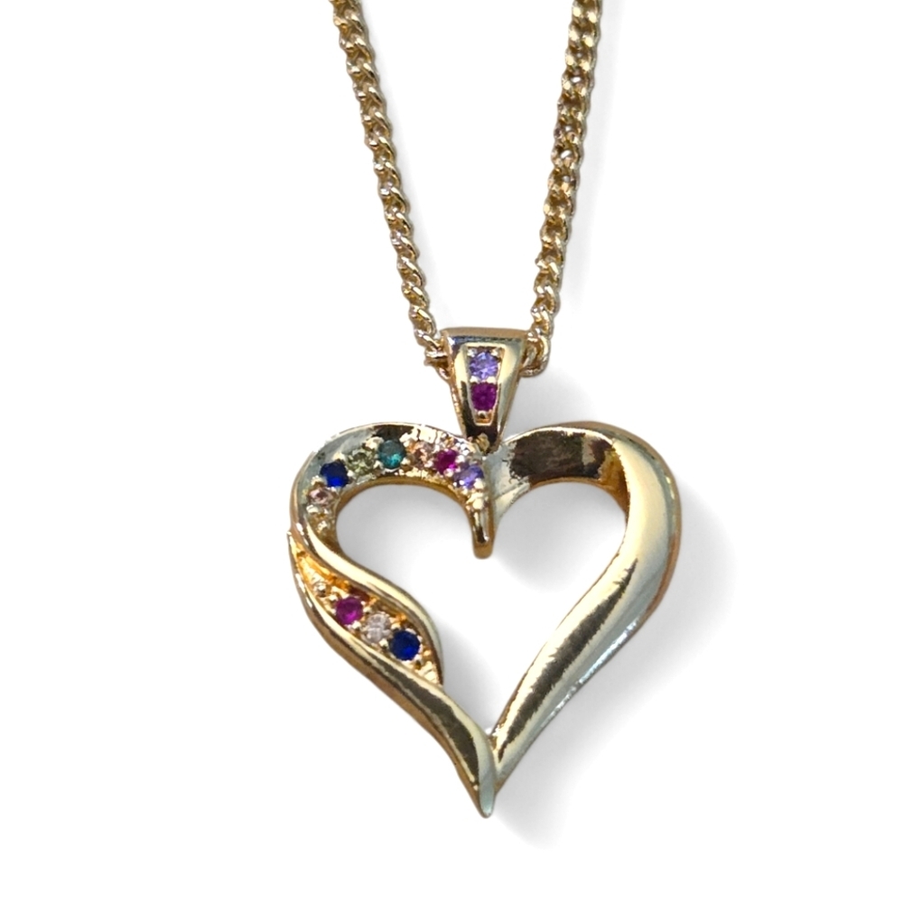 Gold Layered Pendant Necklace with Multicolor Micro Pave Heart Design